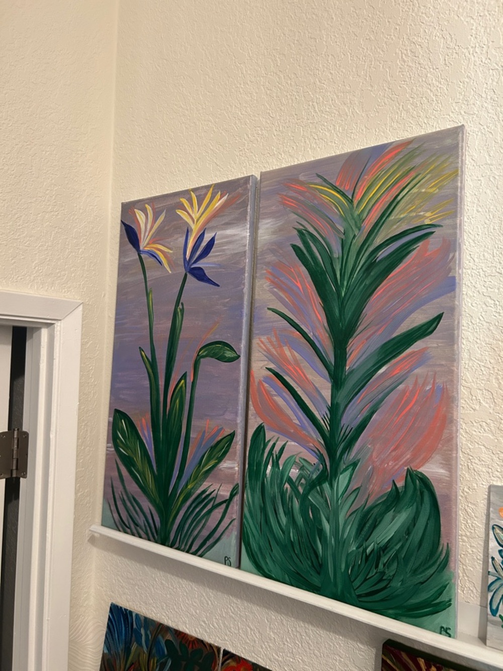 Botanical Duo Wall Art - Green & Lavender Floral Paintings
